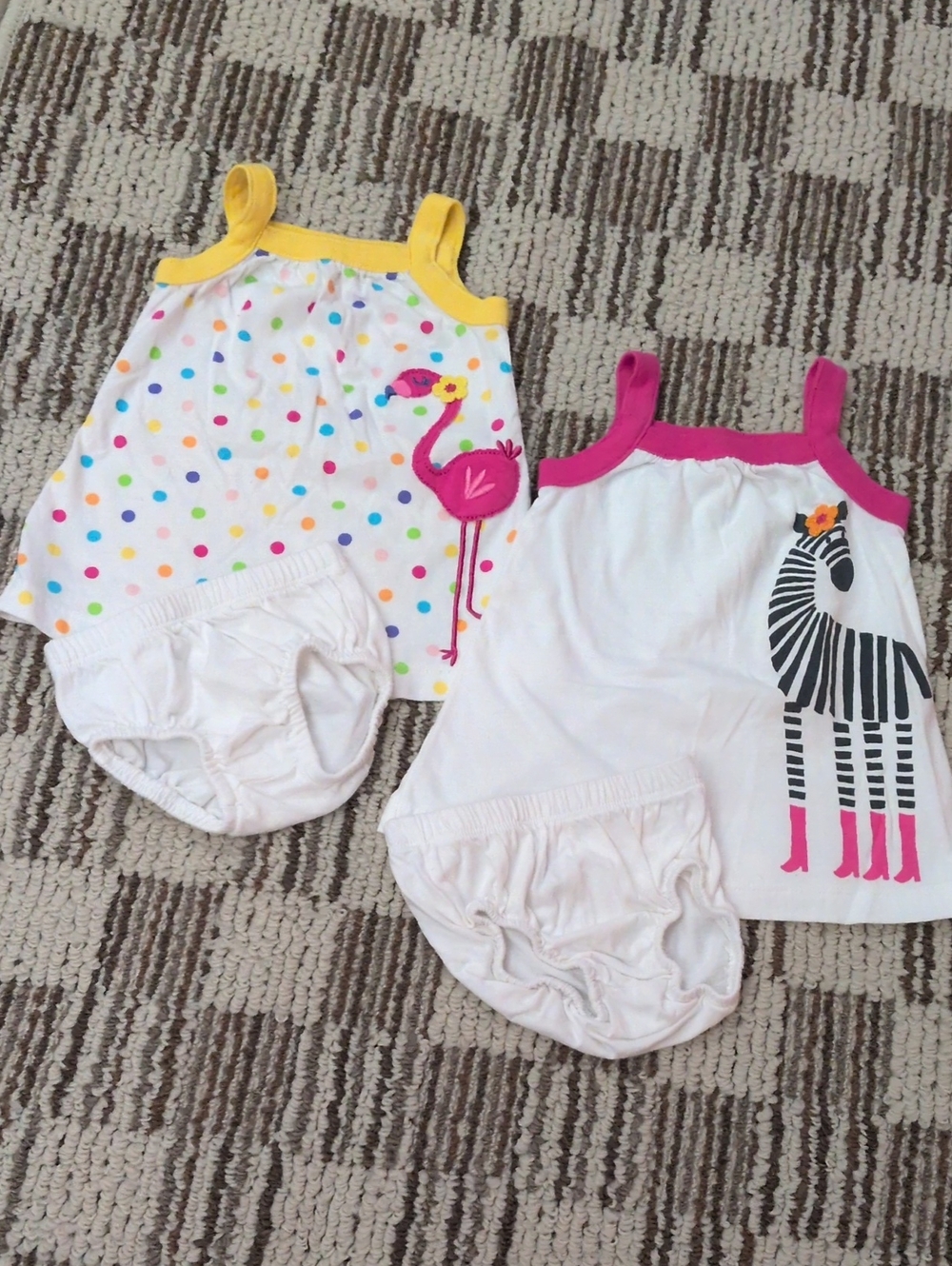 Carter's Polka Dot Flamingo & Zebra Matching Top/Bloomers W/ Yellow & Pink Trim